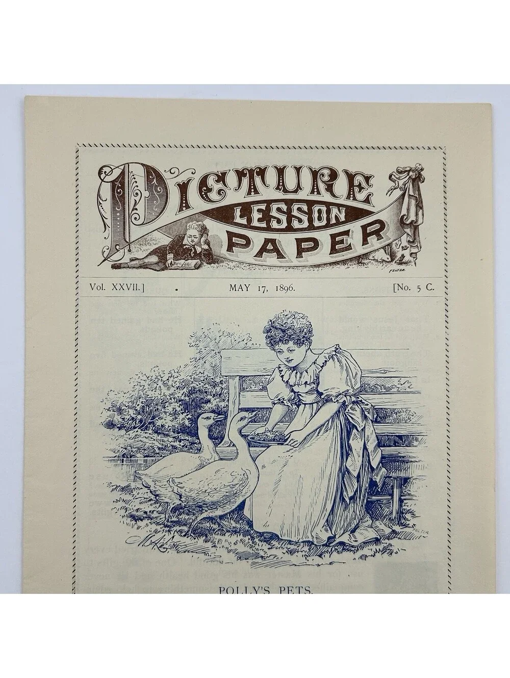 1896 Picture Lesson Paper Vintage Sunday School Ephemera Pollys Pets Ducks   C20